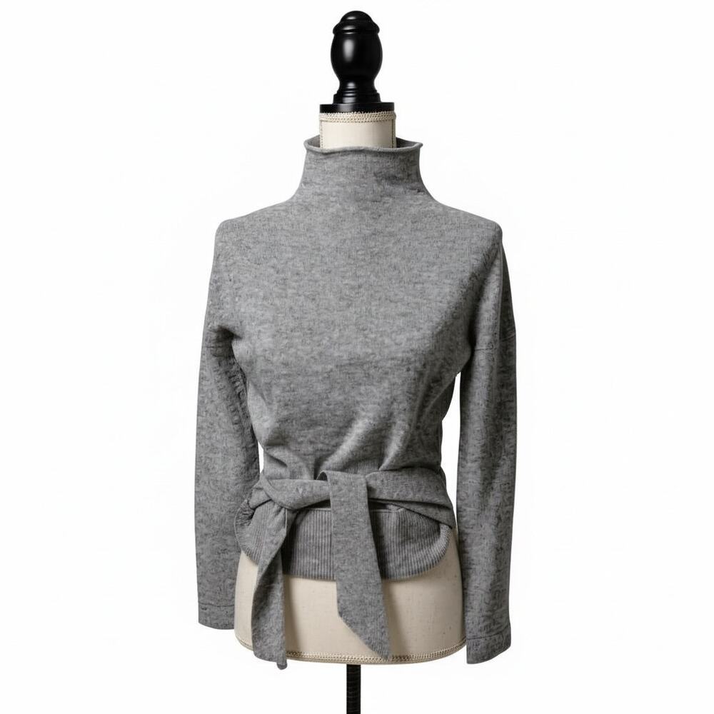 Forte Cashmere Gray Turtleneck Tie Front Cashmere Sweater